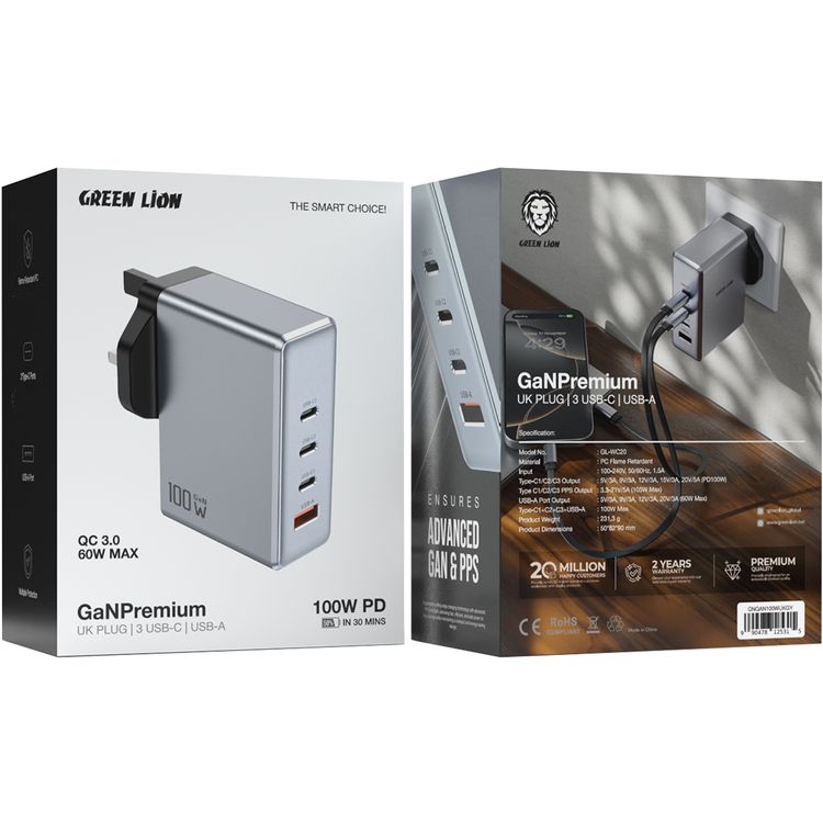 Green Lion GaN UK Plug Wall Charger with 100W Power Delivery, 0%-50% Charge in 30 Minutes, PC Flame Retardant Material, Multiple Protection, USB-C & USB-A Ports - Gray