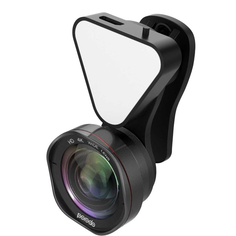Porodo 3 in 1 Phone Camera Lens with Detachable Flash 3 Level Brightness - Adjustable Angle - 0.6x Wide Angle Lens - 15x Macro Lens - Dual Lens Suitable for Smartphones - Black