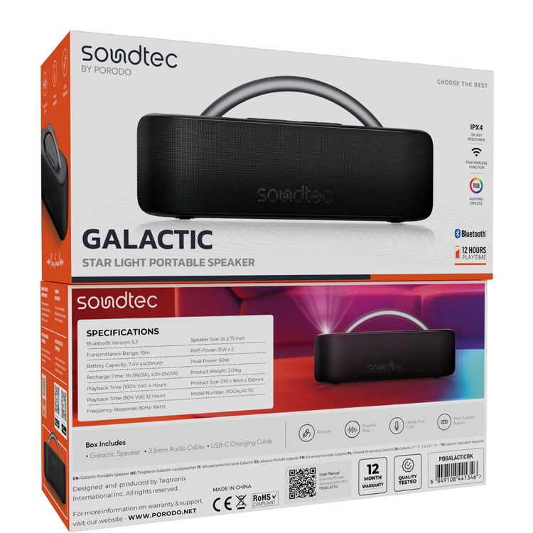 Porodo Soundtec Galactic Star Light Portable Speaker with Powerful Bass, Hands-Free Calls, Multi-Function Buttons, Karaoke, Zoom Life APP, USB Playback, 4400mAh Battery Capacity - Black