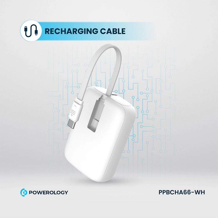 Powerology 10000mAh Power Bank with Detachable USB-C Wire, 20W Power Delivery, 3-Device Charging, Long Time Standby, Universal Phone Compatibility, Built-in Safeguards - White
