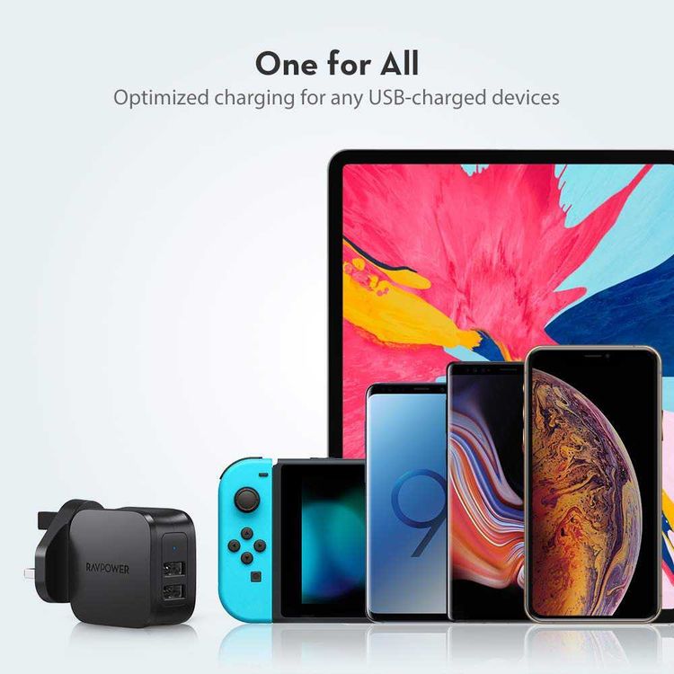 RAVPower 2-Port USB Prime Wall Charger 17W - Travel-friendly - Dual Fast Charging with iSmart USB Port - Ultra-Lightweight Portable Power Adapter with Multiple Protection - Black