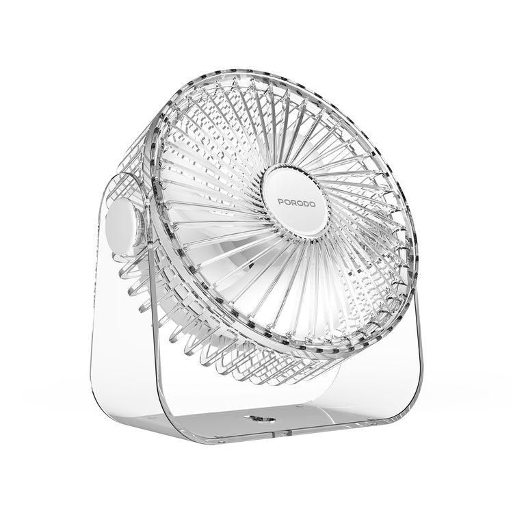 Porodo Portable Transparent Cooling Fan with Nightlight, 120° Oscillation, 3 Speed Levels, 3000mAh Battery Capacity, 3-9.5 Hours Working Time, 2.5 Hours Charging Time, ABS Material, Type-C Charging Interface, Whisper-Quiet Operation - Clear