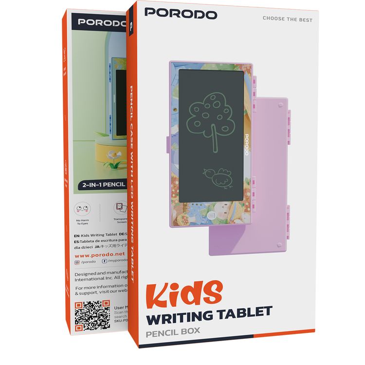 Porodo 2-in-1 Kids 7" LCD Writing Tablet with Pencil Case, One-Key Screen Lock, Battery Case, Erasing Button - Pink