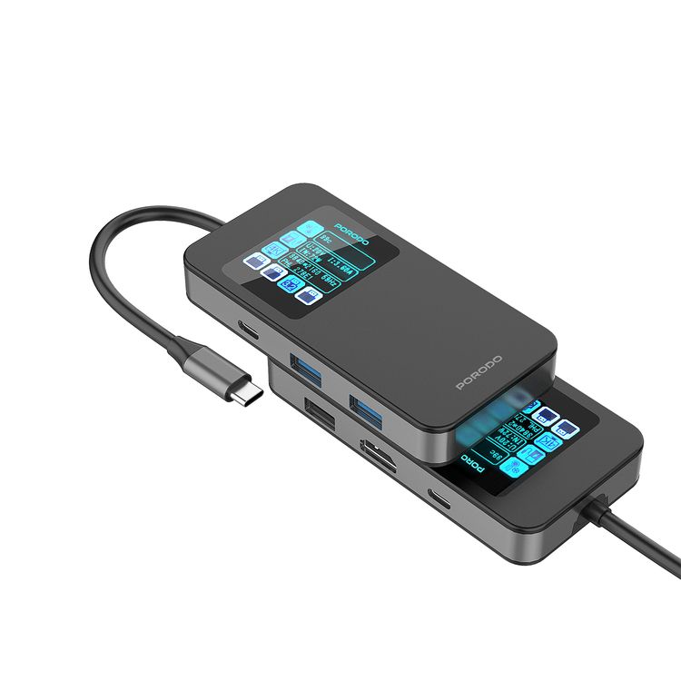 Porodo 6-in-1 Multi-Port USB-C Hub with Smart Digital Display, 150mm Cable Length, 4K@60Hz HDMI Output, 100W Power Delivery, High-Speed Data Transfer, Plug & Play Operation - Gray