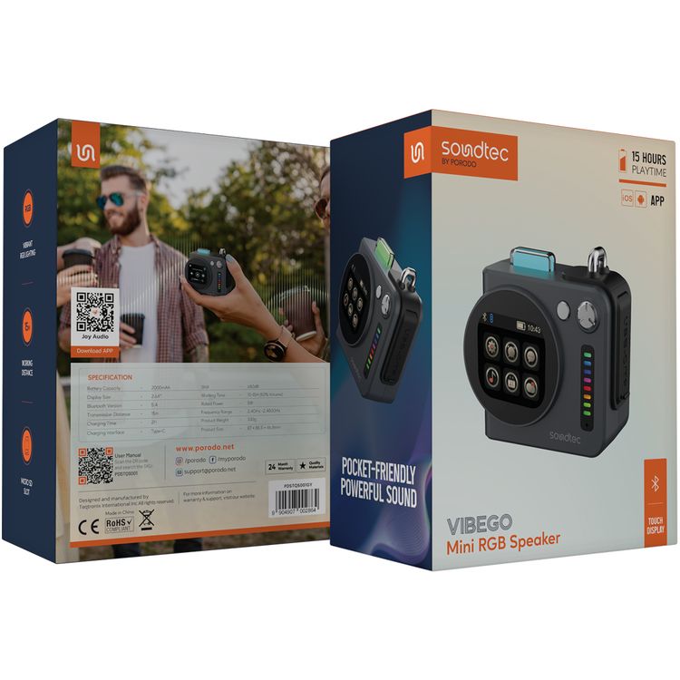 Porodo Vibego Mini RGB Speaker with Bluetooth Version 5.4, Touch Control Display, 15 Hours Play Time, Type-C Charging Port, 2000mAh Battery Capacity, 2 Hours Charging Time, Micro SD Slots, Vibrant RGB Lighting - Gray