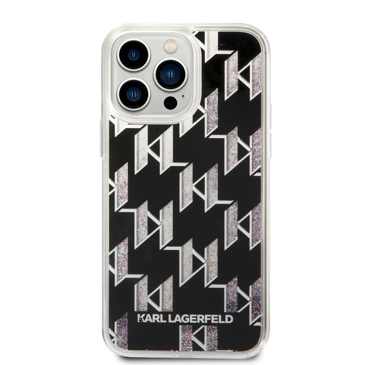 Karl lagerfeld Liquid Glitter Case Monogram Pattern & Multicolor Glitter iPhone 14 Pro Max Compatibility - Black