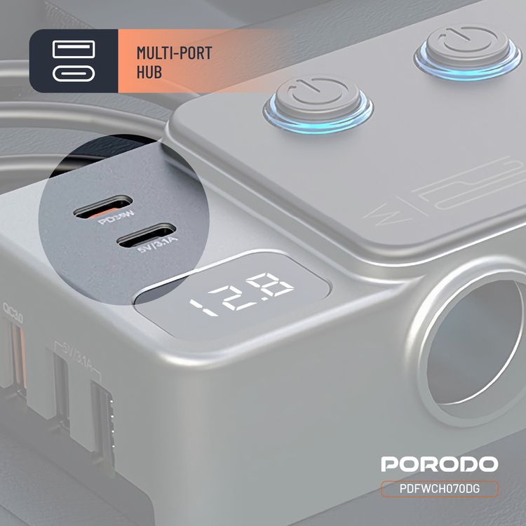 Porodo 120W Car Charger Hub with Triple-Port Lighter Sockets, 3 USB-A & 2 USB-C Ports, 35W PD, 65W QC, 95cm Cable, Real-Time Voltage Display, Independent Power Switch - Dark Gray
