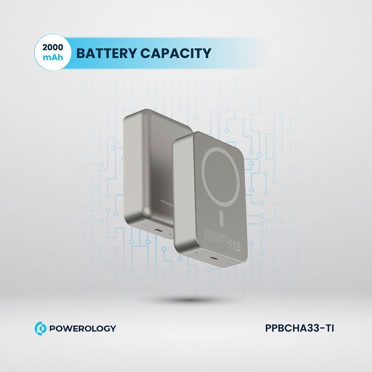 بنك الطاقة Powerology MagSafe من الألومنيوم بقدرة 20000 مللي أمبير في الساعة مع مؤشر لمستوى البطارية، تصميم خفيف الوزن وصغير الحجم، شحن سريع ومتزامن، مدخل ومخرج من النوع C، مخرج لاسلكي 15 وات - تيتانيوم
