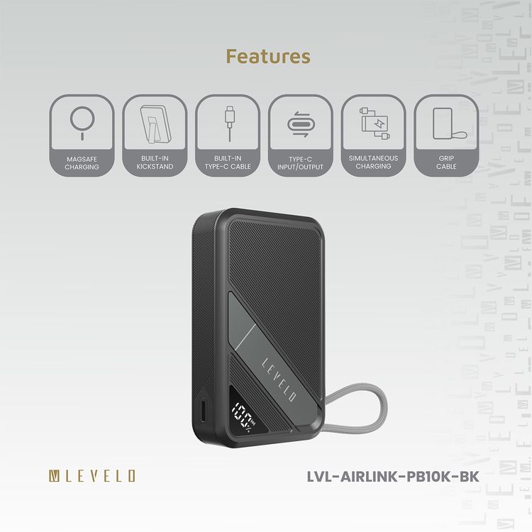 باور بانك Levelo Air Link 10000mAh MagSafe مع حامل وInt، وكابل إدخال/إخراج Type-C مدمج، وحامل مدمج، وشحن سريع Qi2 15 وات، وكابل قبضة، وشحن متزامن - أسود