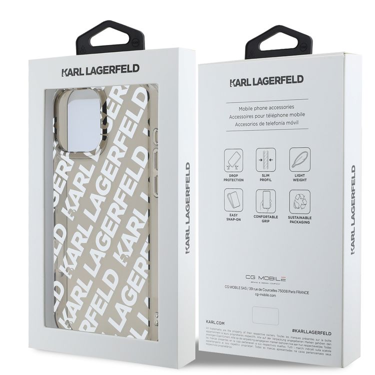 كفر Karl Lagerfeld IML الصلب مع شعار متكرر مطلي كهربائيًا لهاتف iPhone 16 Pro، حماية من السقوط، سهل التركيب، تغليف مستدام - فضي