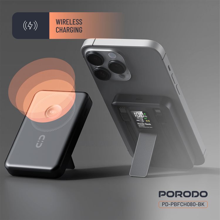 بورودو بنك طاقة لاسلكي مغناطيسي بسعة 10000 مللي أمبير مع حامل كابل مدمج USB-C + Lightning، شحن متزامن، عرض رقمي، PD 22.5W - أسود
