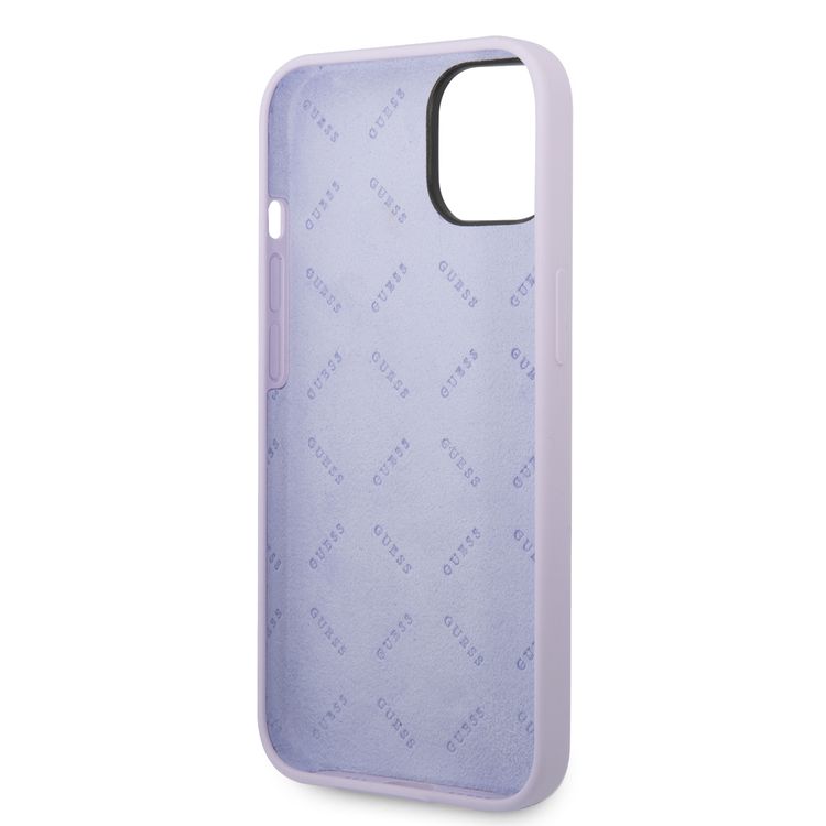 Guess Liquid Silicone Case With PC Camera Outline & Script Metal Logo - iPhone 14 - Purple
