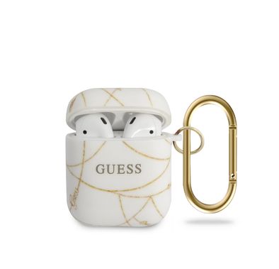 CG MOBILE Guess TPU Chain Case with Anti-Lost Carabiner Compatible for AirPods 1/2 Scratch Resistant, Shock Absorption, Drop Protection, Dustproof Protective Silicone Cover Officially Licensed - White