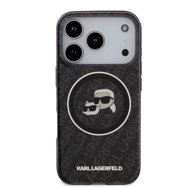 Karl Lagerfeld MagSafe IML Glitter & KL Repeated Case with Karl & Choupette for iPhone 17 Pro Max, Slim Profile, Drop Protection, Easy Snap-On, Sustainable Packaging, Comfortable Grip, Lightweight Design - Black