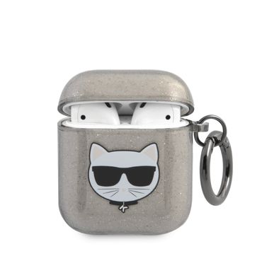 CG Mobile Karl Lagerfeld TPU Glitter Printed Embossed Choupette with Ring Case Compatible with AirPods 1 & 2, Scratch & Drop Protection Cover Officially Licensed - Black