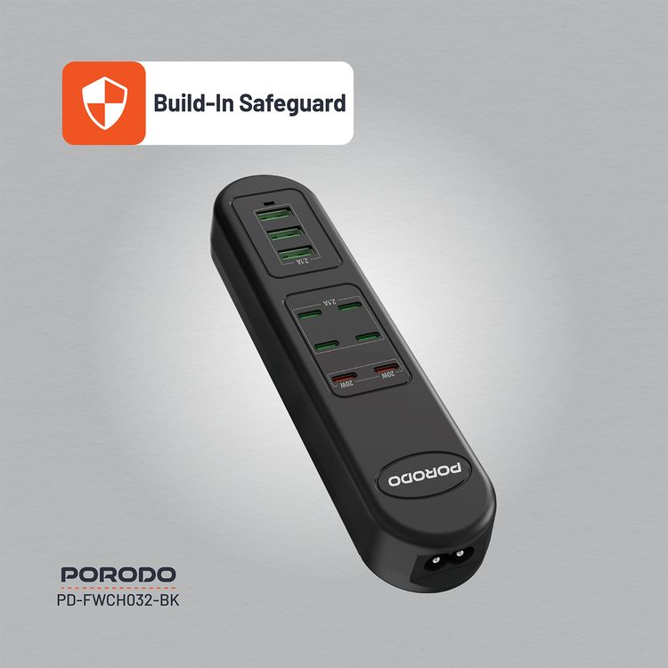 Porodo 50W Multi-Port USB Charging Hub with 20W Power Delivery, Simultaneous Charging, 2m Cable Length, Fast Charging Support, Built-in Safeguards - Black