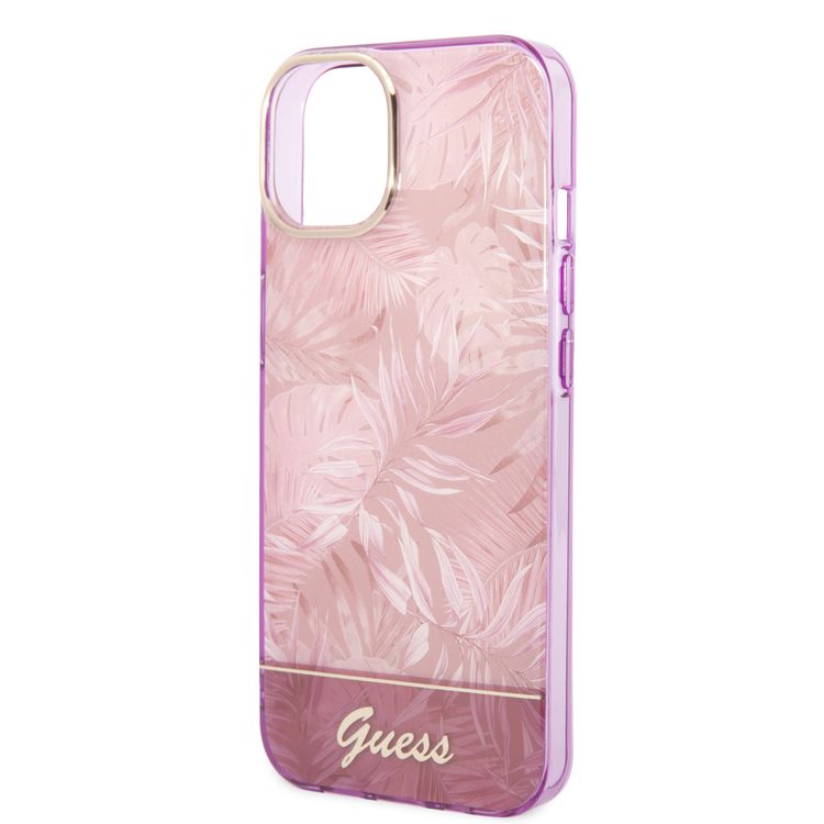Guess PC/TPU IML Case with Double Layer Electroplated Camera Outline & Jungle Design iPhone 14 Compatibility - Pink