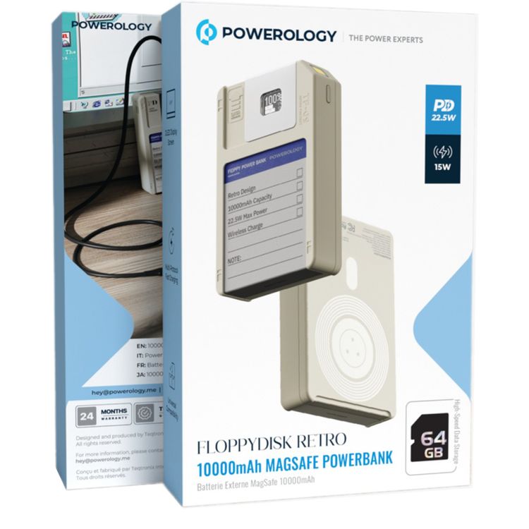 Powerology Floppydisk Retro 10000mAh MagSafe Powerbank with OLED Display Screen, Multi-Protocol Fast Charging, Universal Compatibility, 64GB Storage Capacity, High-Speed Data Storage, Fire-Resistant PC Material - White