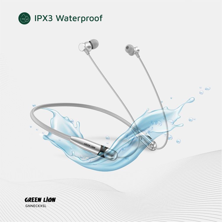Green Lion Neck X Wireless Neckband with Magnetic Control, Comfortable to Wear, IPX3 Water Resistance Level, Type-C Charging Port - Silver