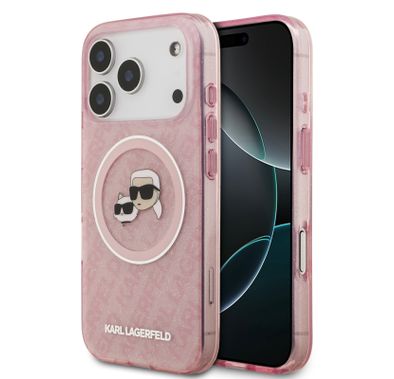 Karl Lagerfeld MagSafe IML Glitter & KL Repeated Case with Karl & Choupette for iPhone 17 Pro, Slim Profile, Drop Protection, Easy Snap-On, Sustainable Packaging, Comfortable Grip, Lightweight Design - Pink
