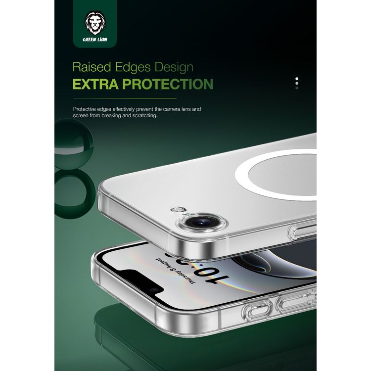 جراب Green Lion MagSafe Delgado لجهاز iPhone 16e بحواف مرتفعة، تصميم شفاف كريستالي، مغناطيسات N52 قوية، مصنوع من مادة TPU+PC صلبة، قبضة مريحة - شفاف
