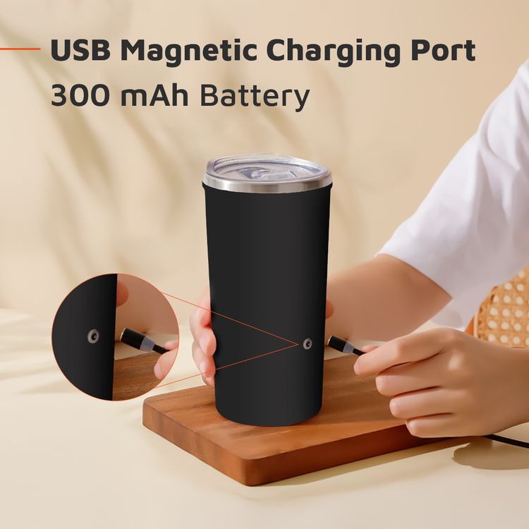 كوب بورودو لايفستايل المعزول ذو التحريك التلقائي بسعة 400 مل، قاعدة مانعة للانزلاق، سعة بطارية 300 مللي أمبير، وقت خلط 120 ثانية مع توقف تلقائي - أسود