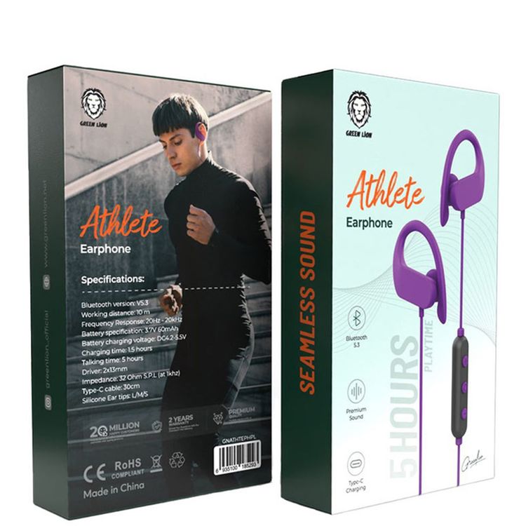 Green Lion Athlete Earphones with Premium Sound, 3 Sizes Silicone Ear Tips, Premium Sound, 10m Working Distance, 1.5 Hours Charging Time, 5 Hours Talking Time, 13mm Driver Size, Lightweight Design - Purple