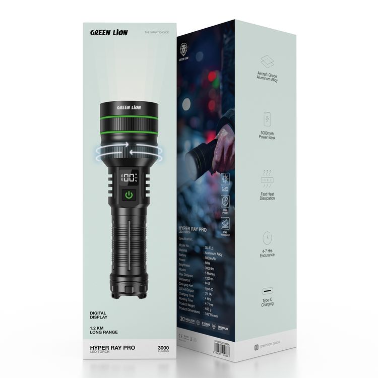 Green Lion Hyper Ray Pro LED Torch with Digital Display, Built-in Power Bank, Up to 7 Hours Working Time, 5 Light modes, 60W Power, Aluminum Alloy Material, 3000 Lumens Brightness - Black