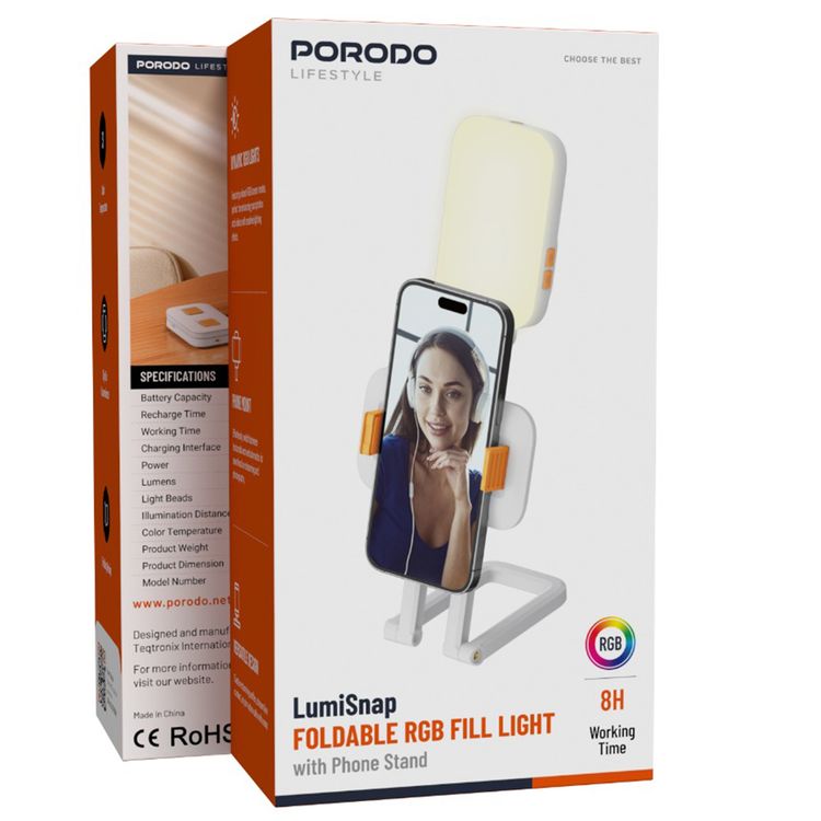 Porodo Lifestyle Phone Stand Fill Light, Lightweight & Compact Design, Up to 8 Hours Working Time, 3 Color Temperatures, Dynamic RGB Lights, Folding Design - Black