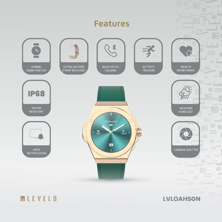 Levelo Oak Automatique Hybrid Smart Watch, Amoled Display, IP68 Water Resistant, Health Monitoring - Green 