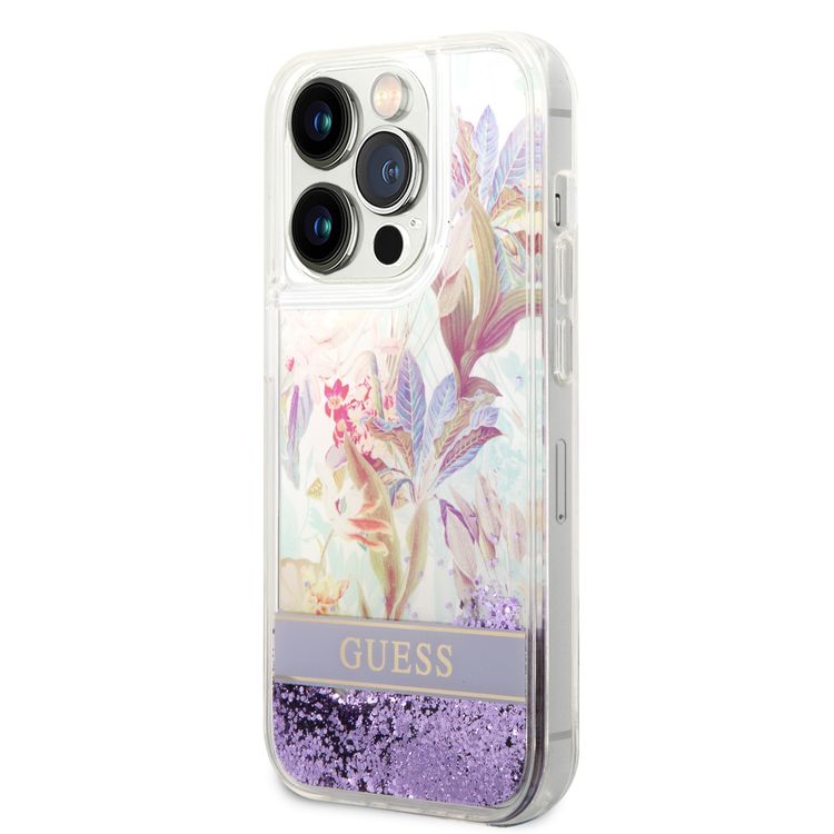 Guess Liquid Glitter Case with Flower Pattern Extra Shine Smooth Touch Feel iPhone 14 Pro Max Compatibility - Purple