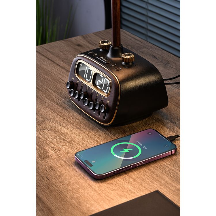 Porodo Retro Desk Lamp White-Noise & BT Speaker, Alarm and Snooze Function, Screen Display, 3 Brightness Levels (Low, Medium, High), Charging Ability, 8 Nature Sounds, USB-A Charging Port - Black 
