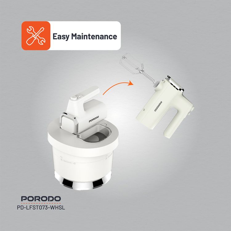 Porodo Lifestyle Spill-Proof Dual Mode Mixer, 6 Speed Settings, Easy Maintenance, Feeding Window Access, Folds Batter & Kneads Dough - White / Silver