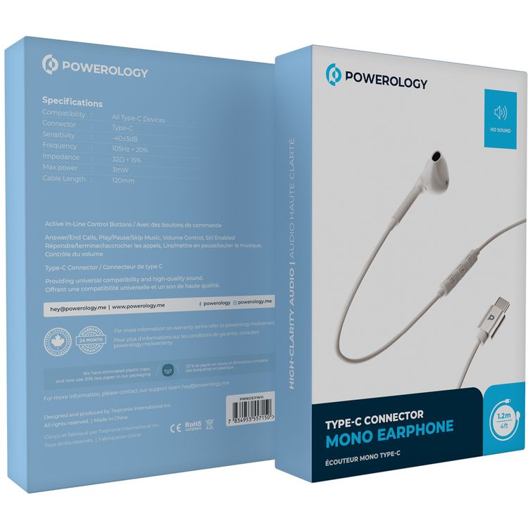 سماعات Powerology Mono USB-C مع طول كابل 1.2 متر، أزرار تحكم مدمجة نشطة، صوت عالي الدقة، حساسية 40 ديسيبل، متوافقة مع جميع الأجهزة المدعومة بـ Type-C - أبيض