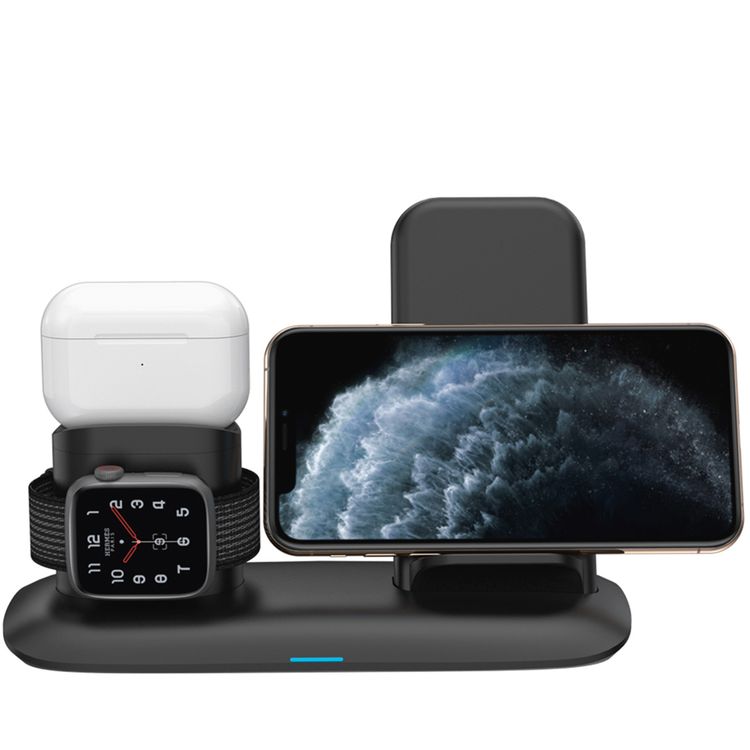 Porodo 4-in-1 Charging Station with Built-in Lightning Connector, Magnetic Charging for AirPods & Smartwatches, 10W Phone Output, 2W Watch Charger Output, Qi Standard - Black