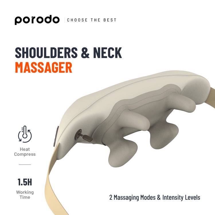 Porodo Neck & Shoulder Kneading Massager With Heat Compress, Voltage 5V DC, Bionic 5D Kneading Technology,  10 Minutes (Auto Shut-Off) - White
