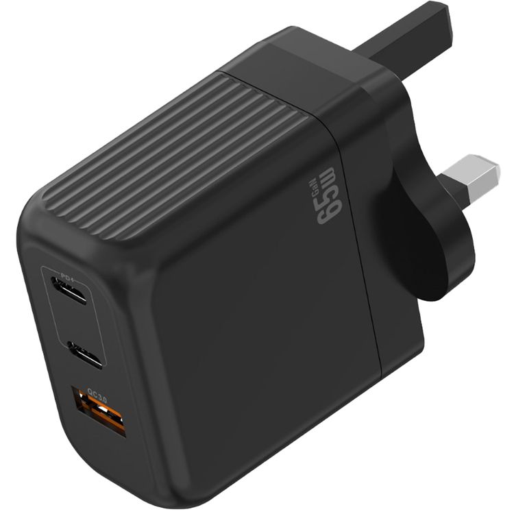 Green Lion Ultra Compact GaN Wall Charger with PD 65W, 1× USB-A & 2× USB-C Ports, PC Flame Retardant Material, 3-Pin UK Power Plug, Charging Protection, GaN Technology - Black