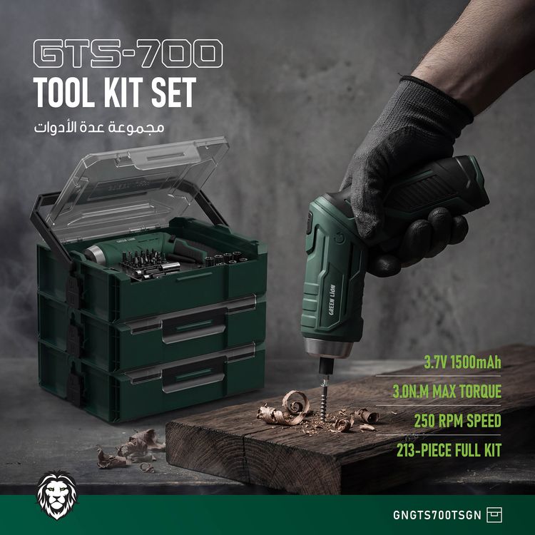 Green Lion GTS-700 Tool Kit Set with 213 Pieces, LED Working Light, 250 RPM No-Load Speed, Forward/Reverse Control, Adjustable Handle, Magnetic CR-V Bits, Stacking Storage Box, 90° Adjustable Handle, 1/4" Hex Chuck Quick-Release, Cordless Screwdriver & Tool Kit - Green