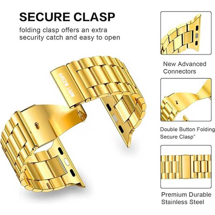 Green Lion Link Stainless Steel Strap for Apple Watch 42/44/45/49mm, Double Button Folding Clasp, Lightweight & Easy to Install, Comfortable to Wear, Waterproof - Gold