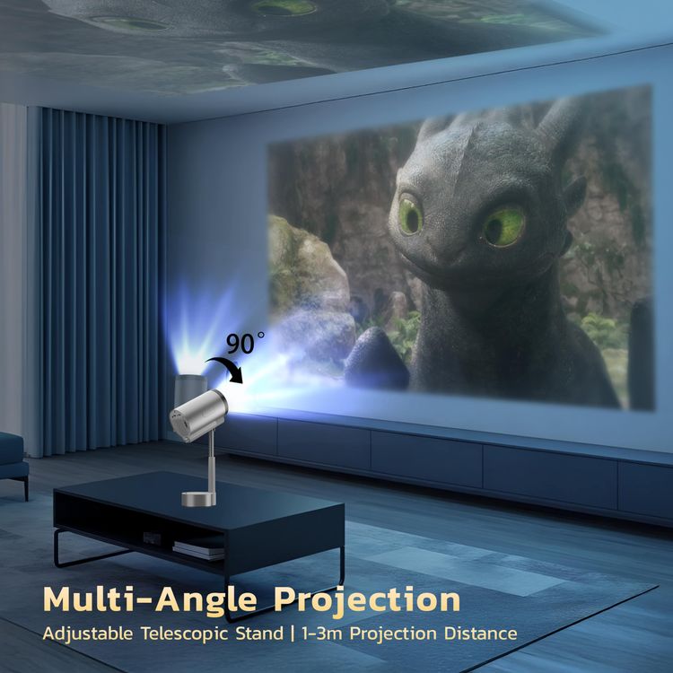 Porodo Lumino Smart FHD Projector with Adjustable Telescopic Stand, 100" Ultra Wide Screen, Android 13, Remote Controller, 2.69" LCD Panel Size, ×1 HD Multimedia & ×1 USB-A & ×1 Audio Inerface, 30"-100" Projection Size, 1-3m Projection Distance, Cinematic Screen Viewing - Gray