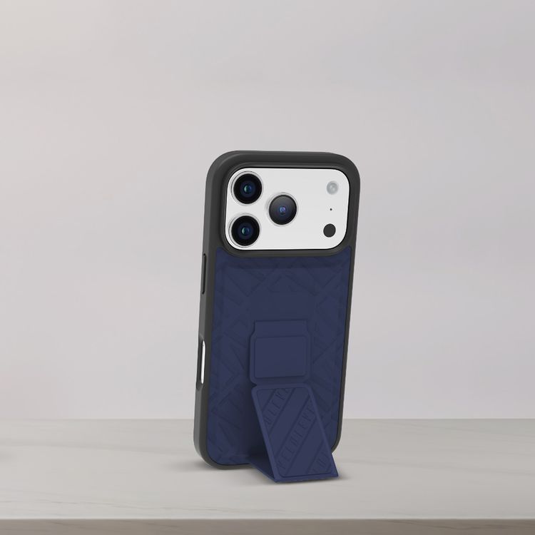 Levelo Morphix Cuero GripStand Case for iPhone 17 Pro, Raised Bezels for Camera & Screen, Shock-Resistant Bumper, Secure Hold, Horizontal & Vertical Viewing - Midnight Blue