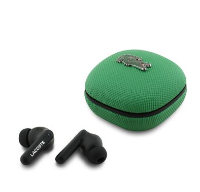 Lacoste Leather TWS Earbuds with Iconic Petit Pique Logo, 250mAh Charging Case & 30mAh Earbuds Battery, 10m Transmission Range, Up to 6 Hours Play Time, USB-C Charging Port, Bluetooth Version 5.4, Rich & Balanced Sound - Estragon Green
