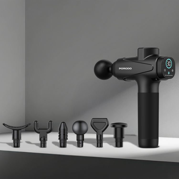 Porodo Multi-Head Relief Deep Massage Gun with Adjustable Massage Intensity, Type-C Fast Charging, Deep Tissue Relief, 30 Speed Levels, LCD Touch Display, 6 Interchangeable Heads, 1500mAh Battery Capacity, 3 Hours  Working Time  - Black