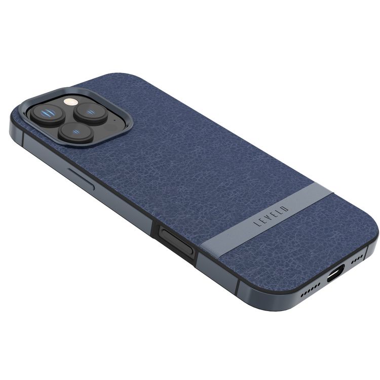 Levelo Pelle Leather Case for iPhone 16 Pro Max with Aluminum Bumper, Impact Resistant Corners, MagSafe compatibility, Lightweight & Slim Profile - Blue
