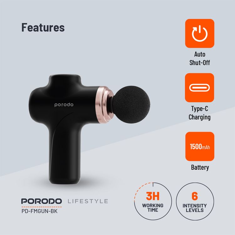 Porodo Lifestyle Precision Handheld Massager with 4 Interchangeable Heads, Up to 120 Minutes Working Time, 2 Hours Charging Time, Type-C Charging Port, 1500 mAh Battery Capacity, 15 W Rated Power, 6 Intensity Levels - Black