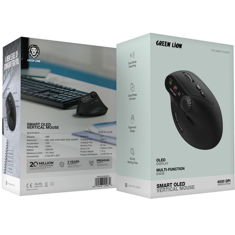 Green Lion Smart OLED Vertical Mouse with Ergonomic Design, Multi-Function Knob, 65 Hours Working Time, Dual Mode Switching - Black
