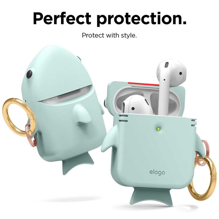 حافظة Elago Shark متوافقة مع Apple Airpods، محمية بأناقة، سيليكون ممتاز متين، طلاء خاص مضاد للانزلاق في الغطاء، خفيف الوزن، يمكنك إحضارها إلى أي مكان معك - نعناع صغير