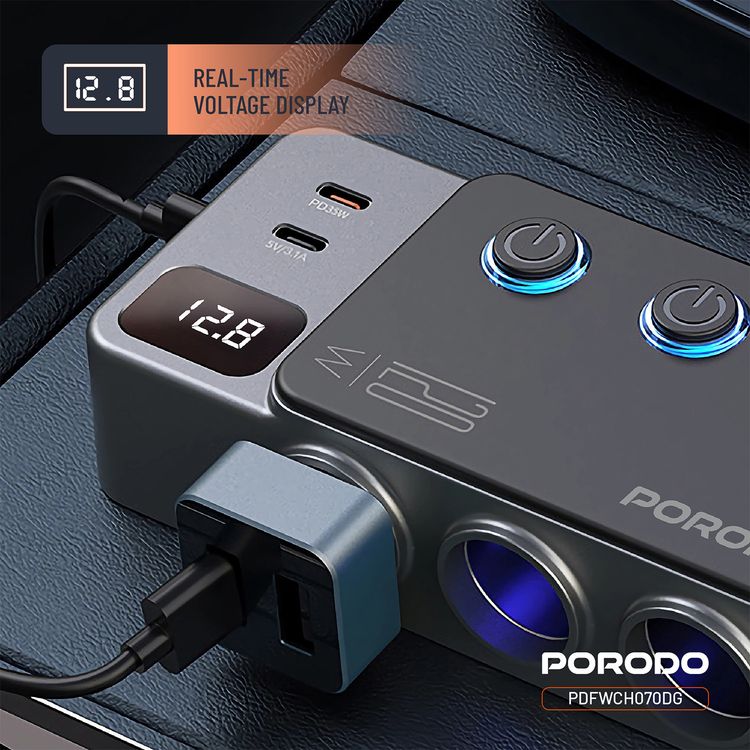Porodo 120W Car Charger Hub with Triple-Port Lighter Sockets, 3 USB-A & 2 USB-C Ports, 35W PD, 65W QC, 95cm Cable, Real-Time Voltage Display, Independent Power Switch - Dark Gray