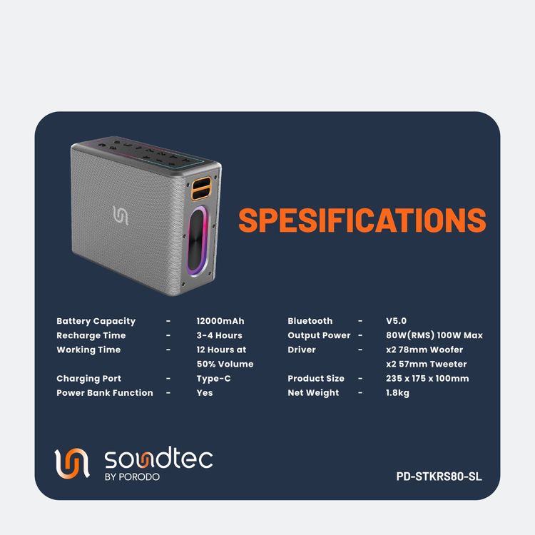 مكبر صوت محمول بورودو ساوندتيك كوانتم 2.2 قناة، وقت تشغيل يصل إلى 12 ساعة، بلوتوث الإصدار 5.0، كابل صوت 3.5 مم، وظيفة بنك الطاقة، مقاوم للماء - فضي