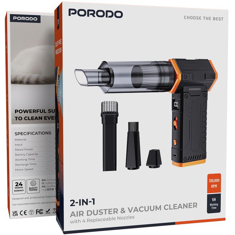Porodo 2-in-1 Air Duster & Vacuum Cleaner with LED Display Screen, 150W Rated Power, Up to 300 Minutes Working Time, USB-C Charging Port, 8 Speed Levels, Multiple Blowing Nozzles - Black